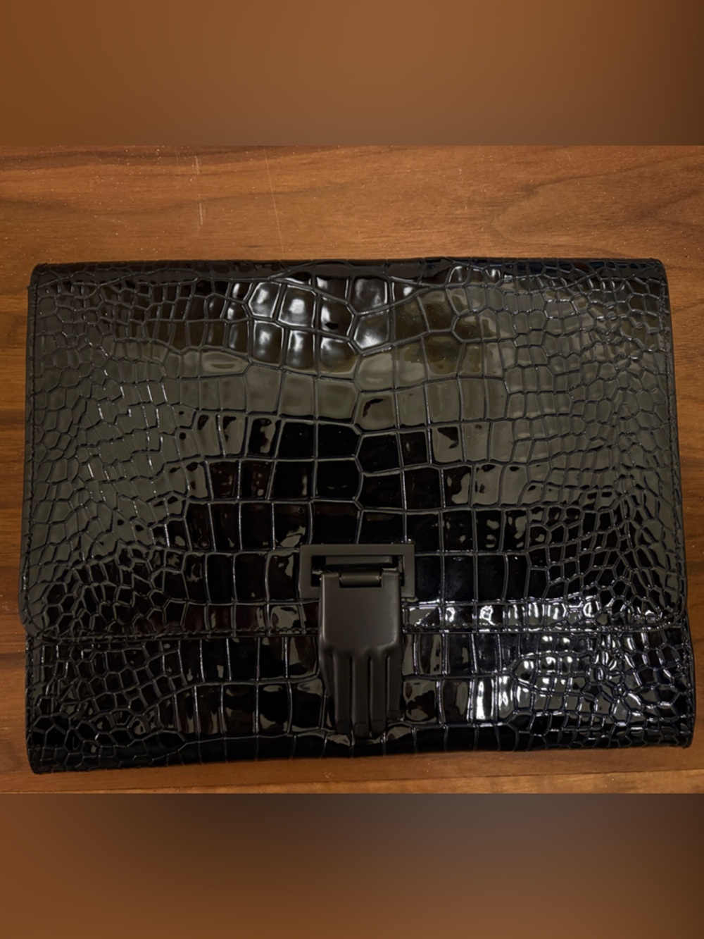 Opening Ceremony Black Croc-Embossed Patent Clutch